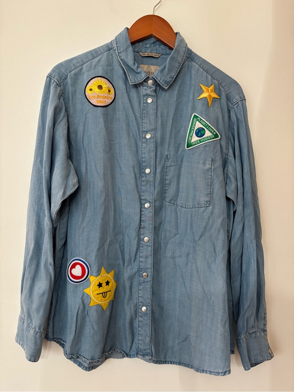 Guess Women Light Blue Denim Long Sleeve Lyocell Embroidered Patchwork Shirt OS